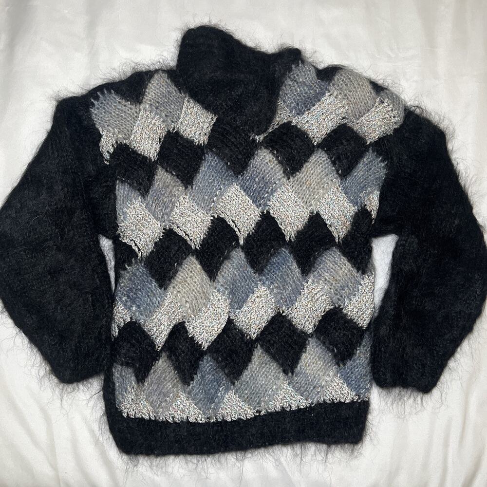 Grazia Vintage Mohair Sweater Knit Womens Size S Black Argyle Made in Italy
